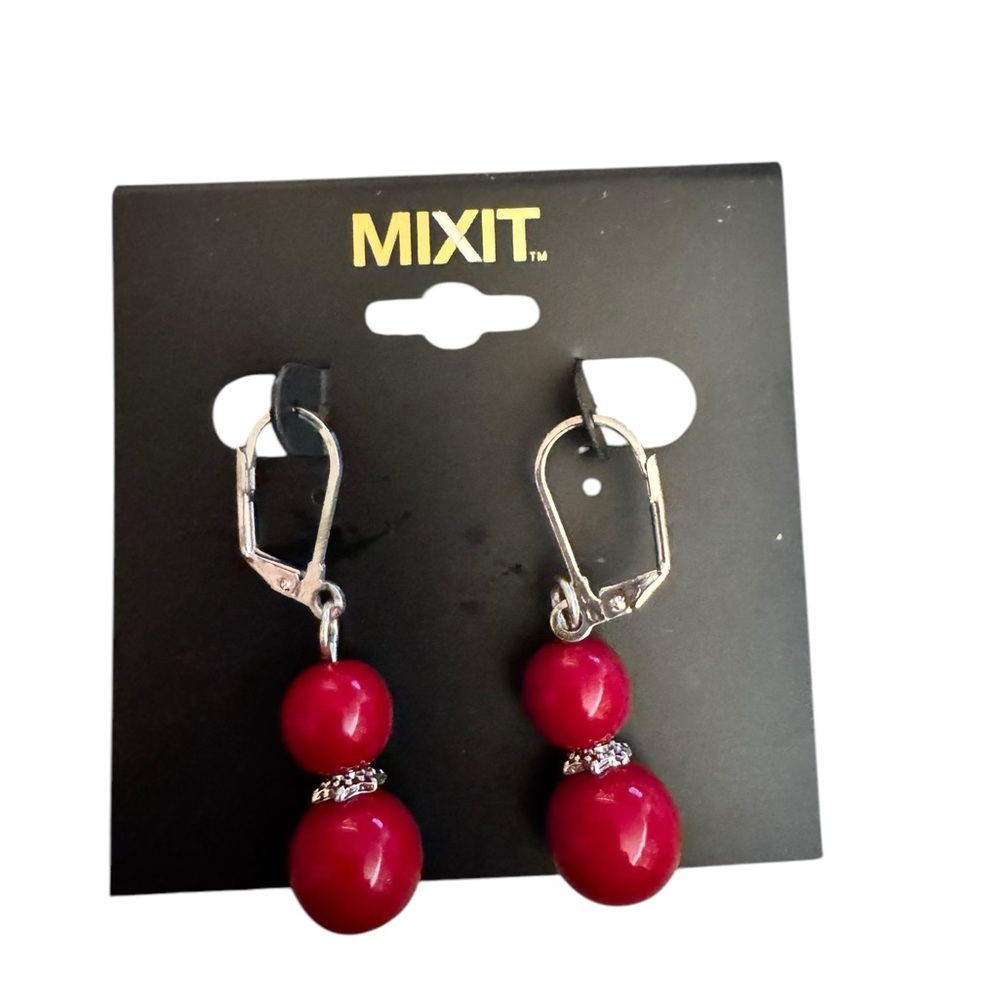 Mixit Red Bead Drop Earrings Silver Tone Dangle Chic Minimalist Lightweight NWT